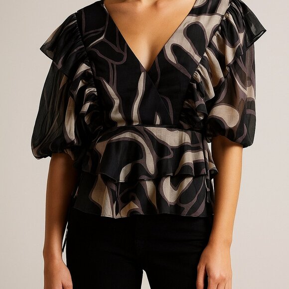 Ted Baker London Tops - TED BAKER LONDON Jasmyna Metallic Purple/Black Ruffle Shimmer Top Medium